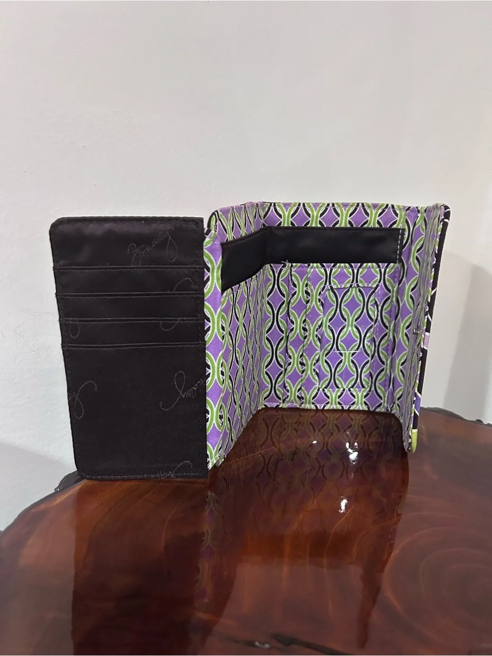 Vera Bradley Quilted Floral Trifold Wallet in Purple, Green and Black